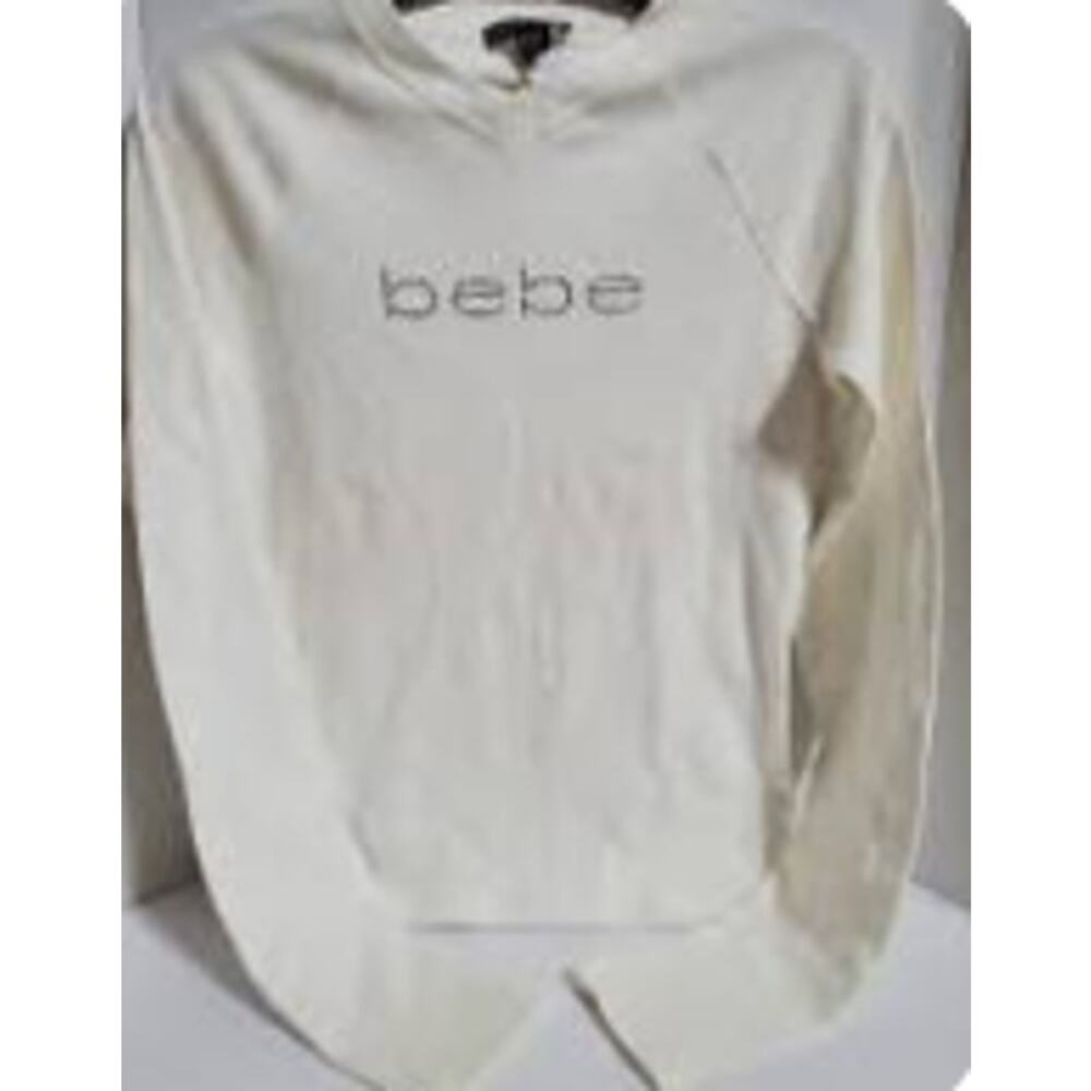 bebe White Long Sleeve Logo Top – Size Small – Y2K Minimalist Fitted Tee